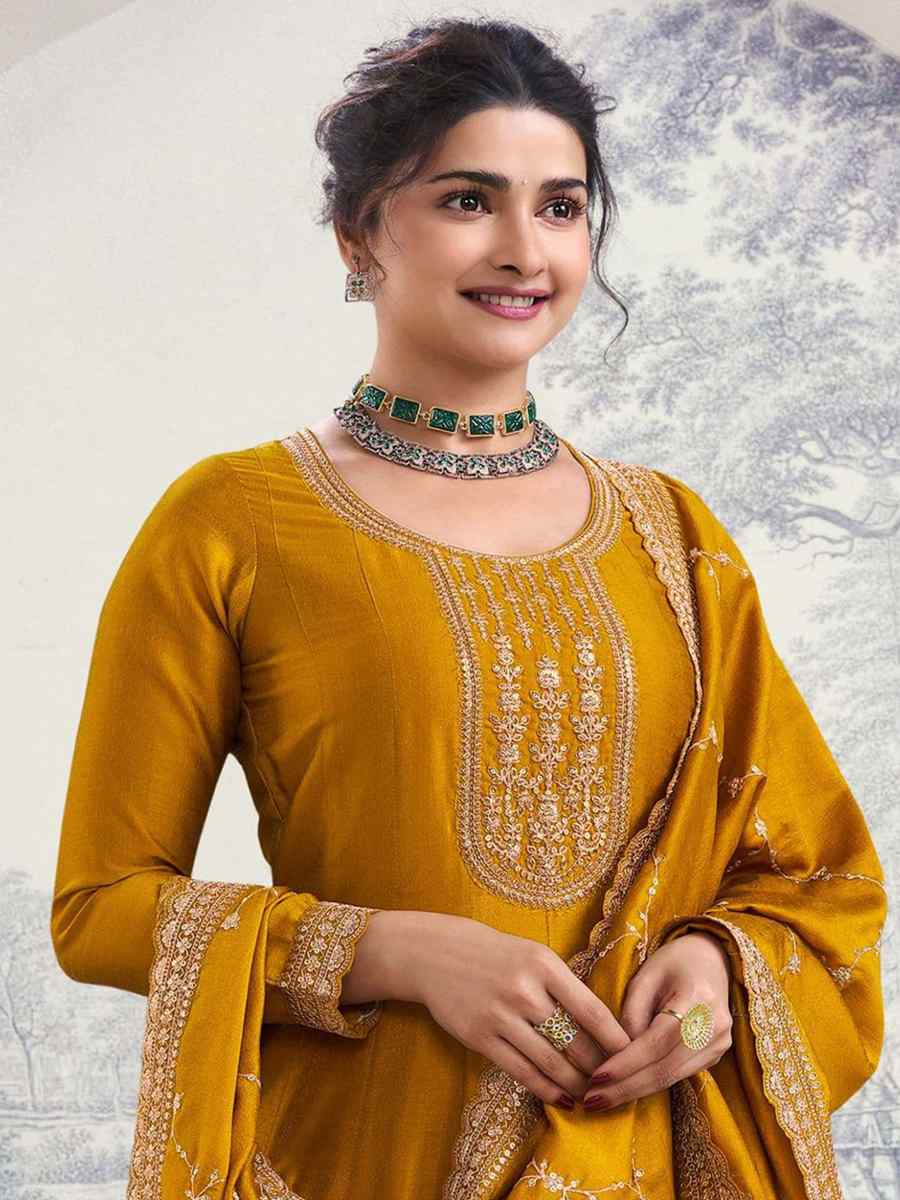 Yellow Silk Georgette Embroidered Festival Mehendi Gown