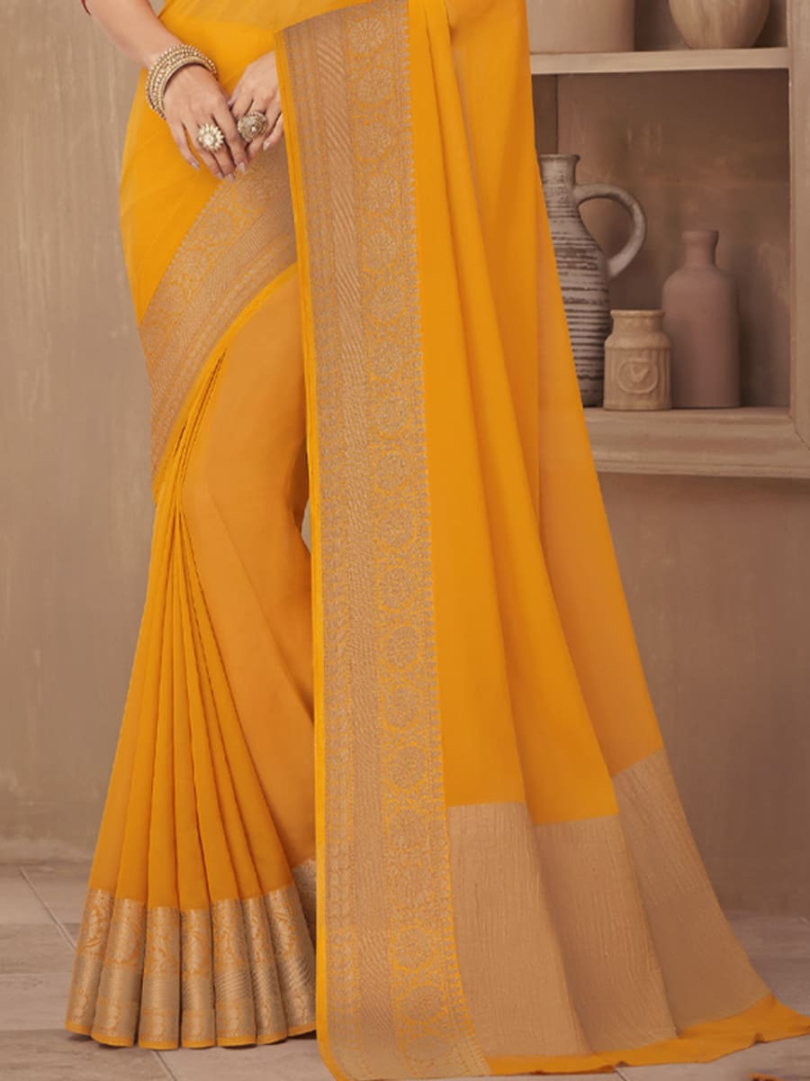 Yellow Silk Handwoven Festival Casual Heavy Border Saree