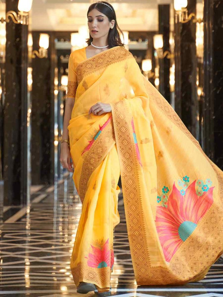 Yellow Silk Handwoven Festival Wedding Heavy Border Saree