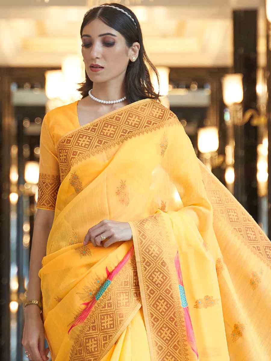 Yellow Silk Handwoven Festival Wedding Heavy Border Saree