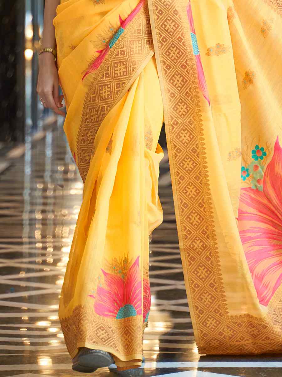 Yellow Silk Handwoven Festival Wedding Heavy Border Saree