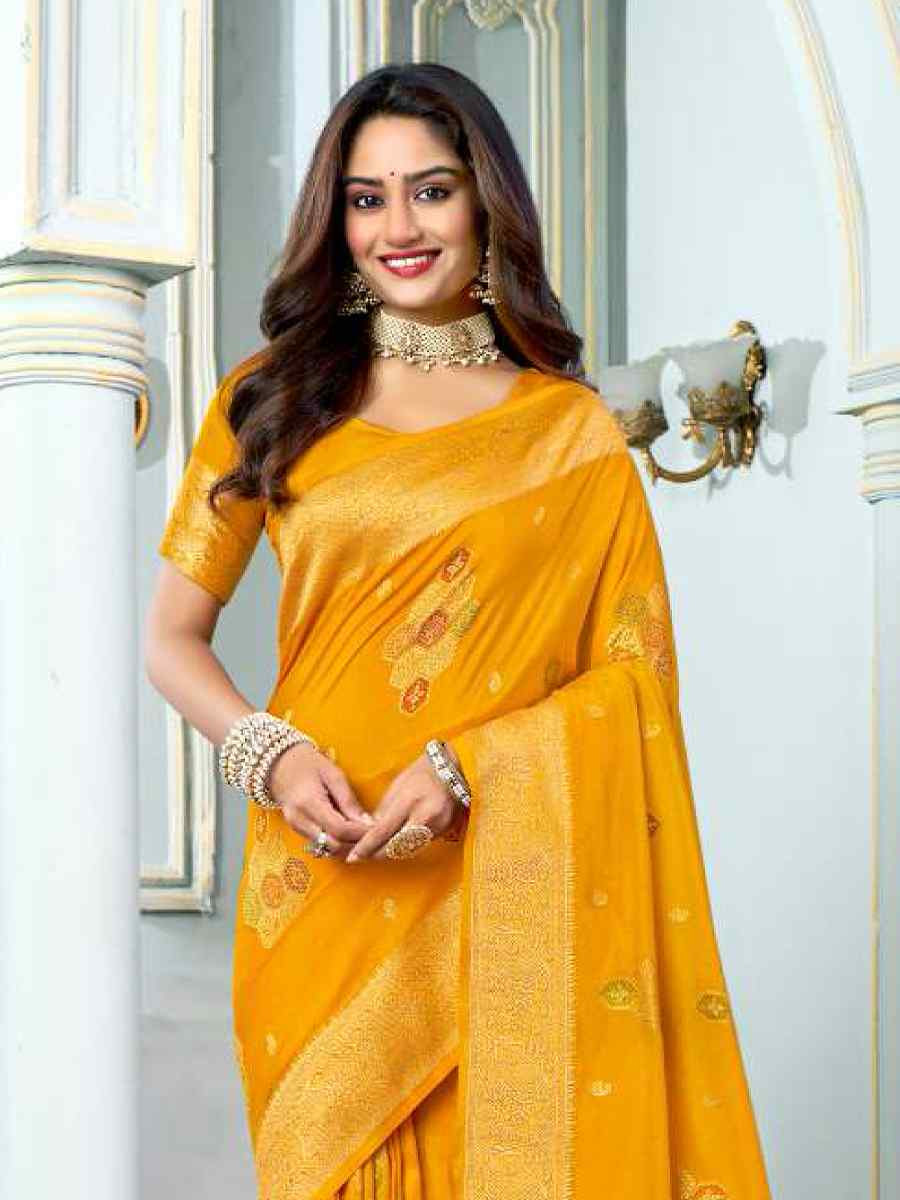 Yellow Silk Handwoven Festival Wedding Heavy Border Saree