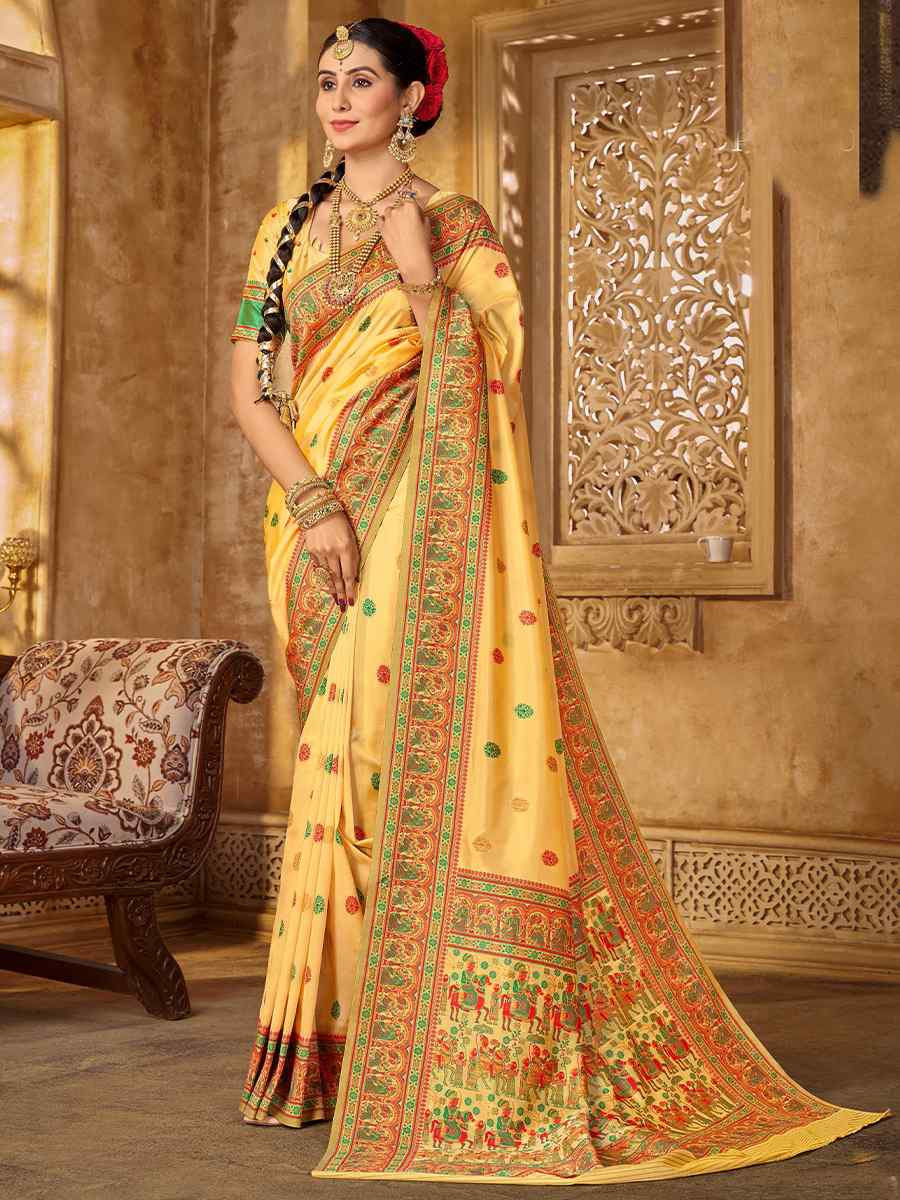 Yellow Silk Handwoven Festival Wedding Heavy Border Saree