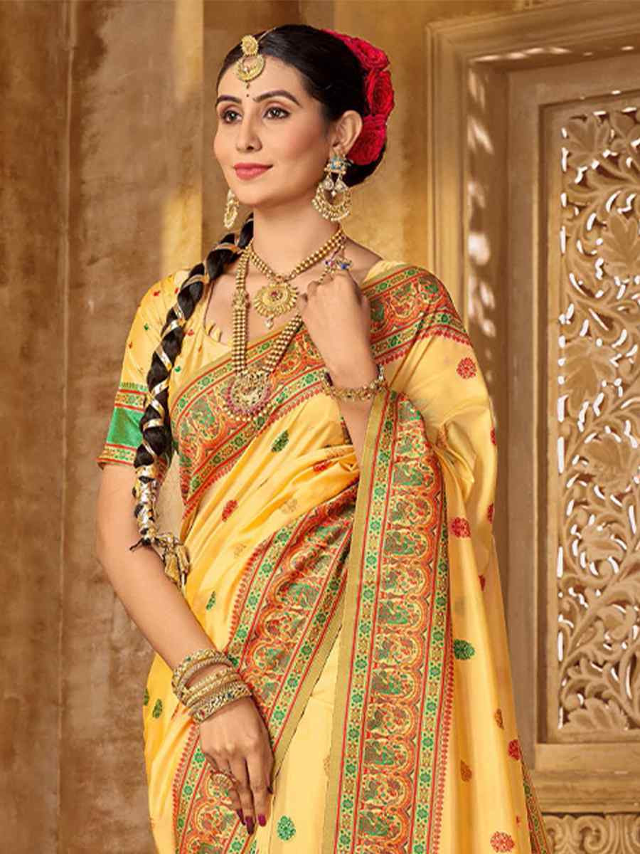 Yellow Silk Handwoven Festival Wedding Heavy Border Saree