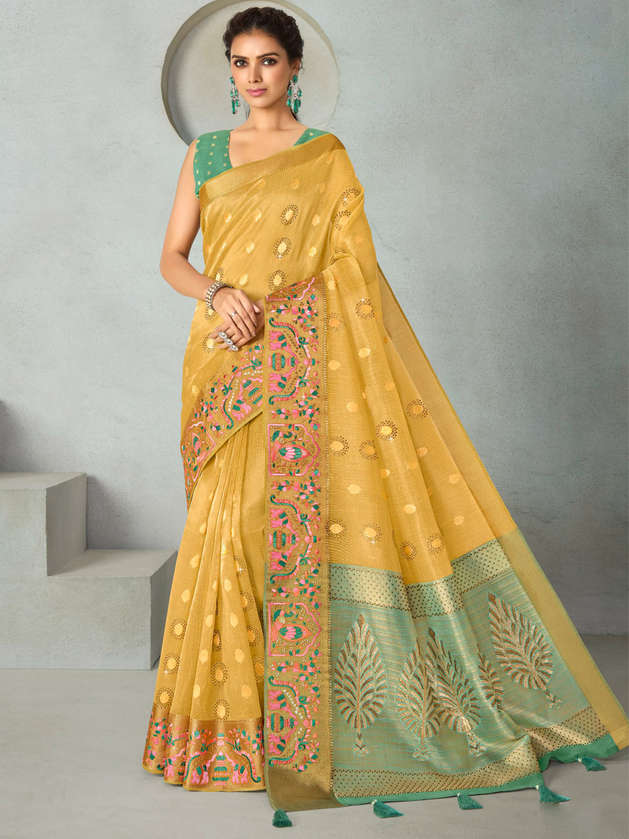 Yellow Silk Handwoven Festival Wedding Heavy Border Saree