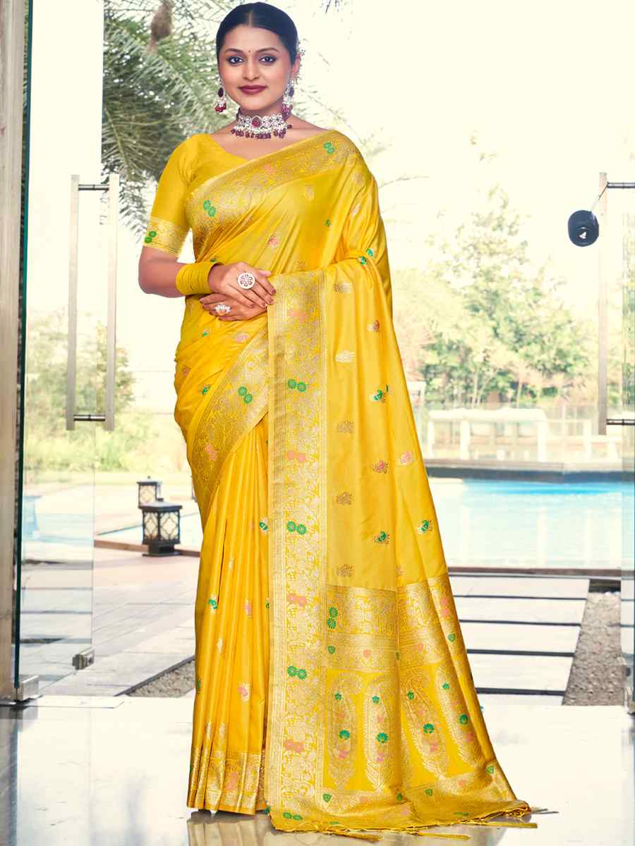 Yellow Silk Handwoven Wedding Festival Heavy Border Saree