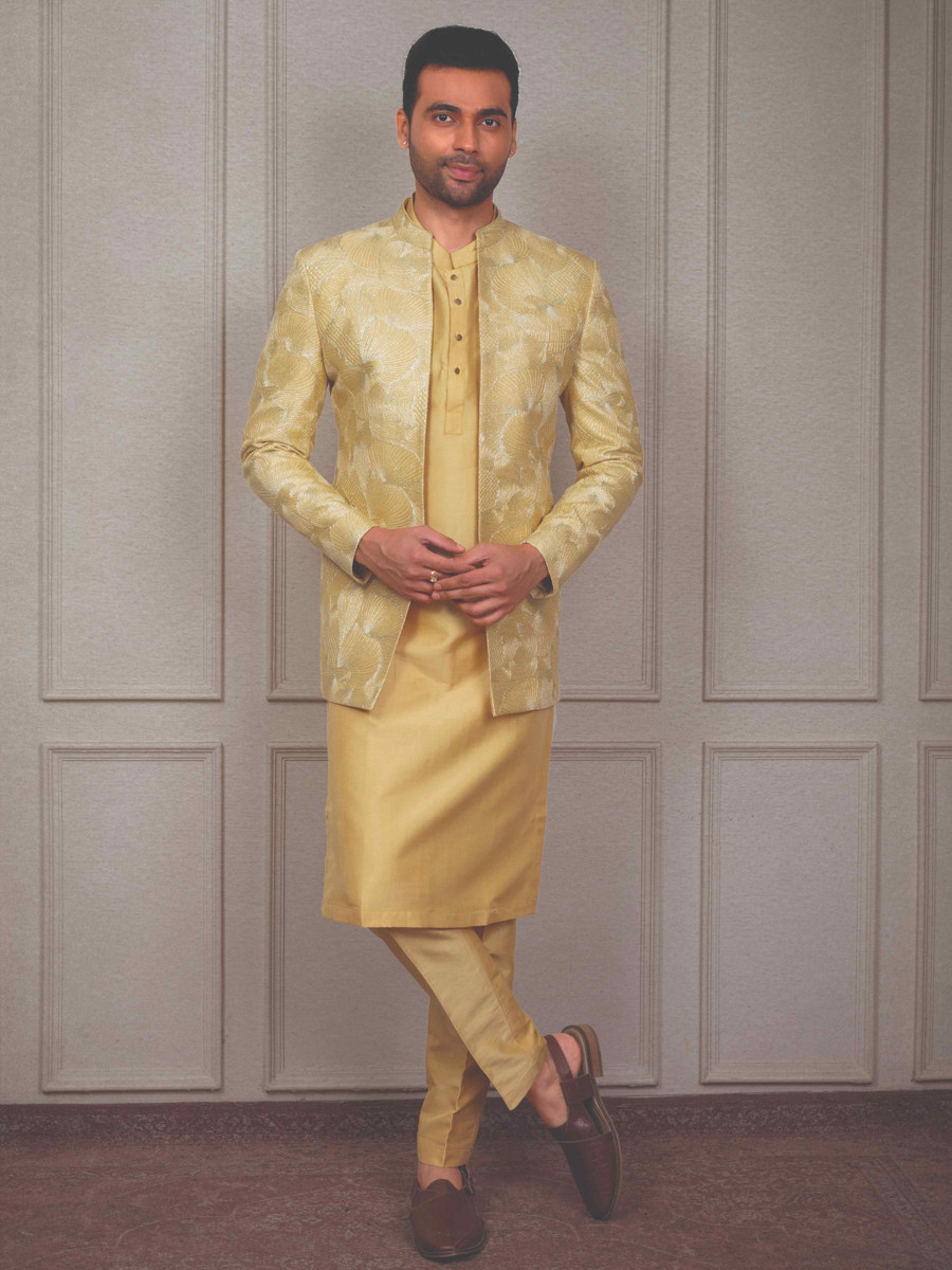 Yellow Silk Woven Groom Wedding Kurta