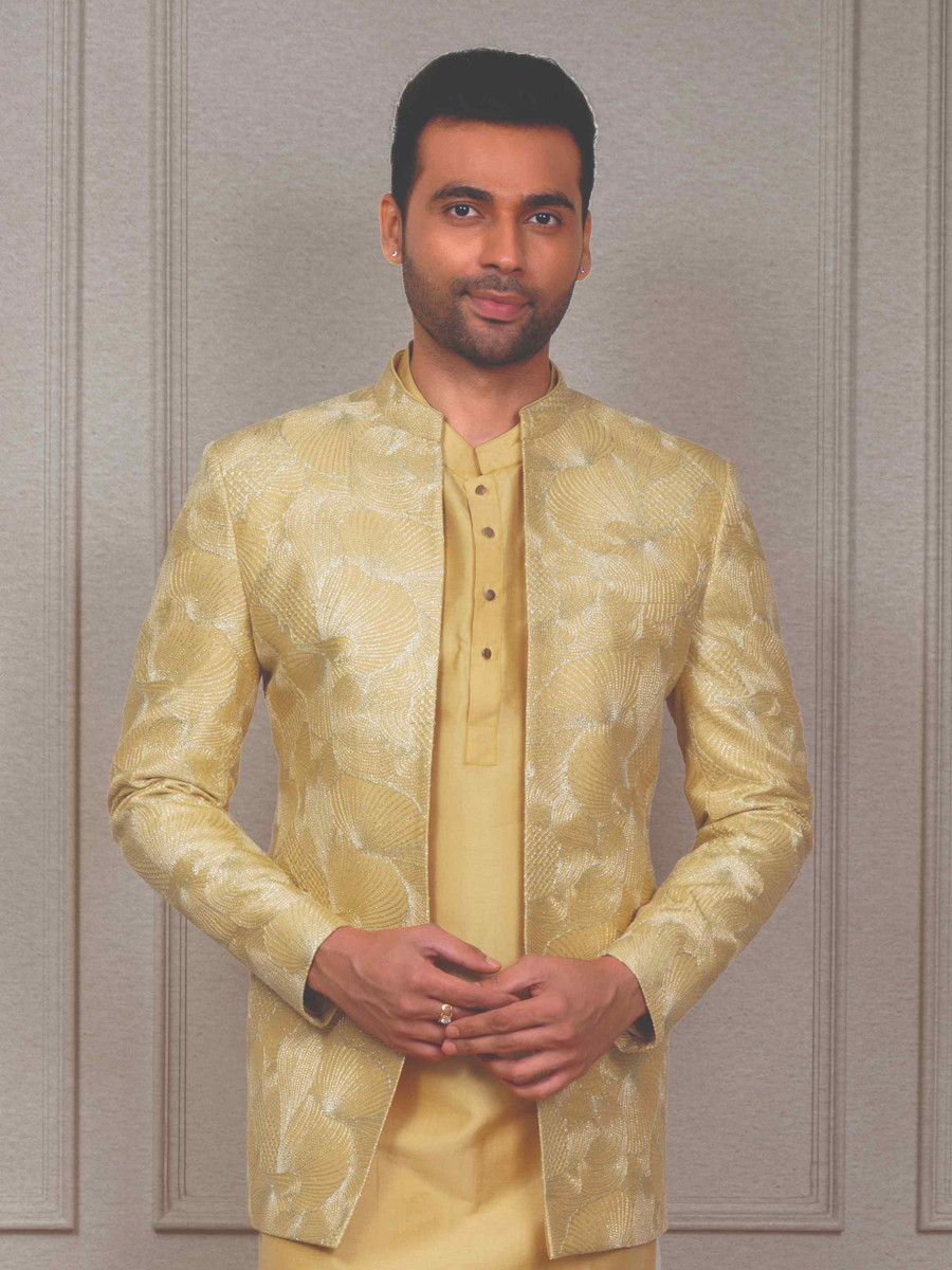 Yellow Silk Woven Groom Wedding Kurta