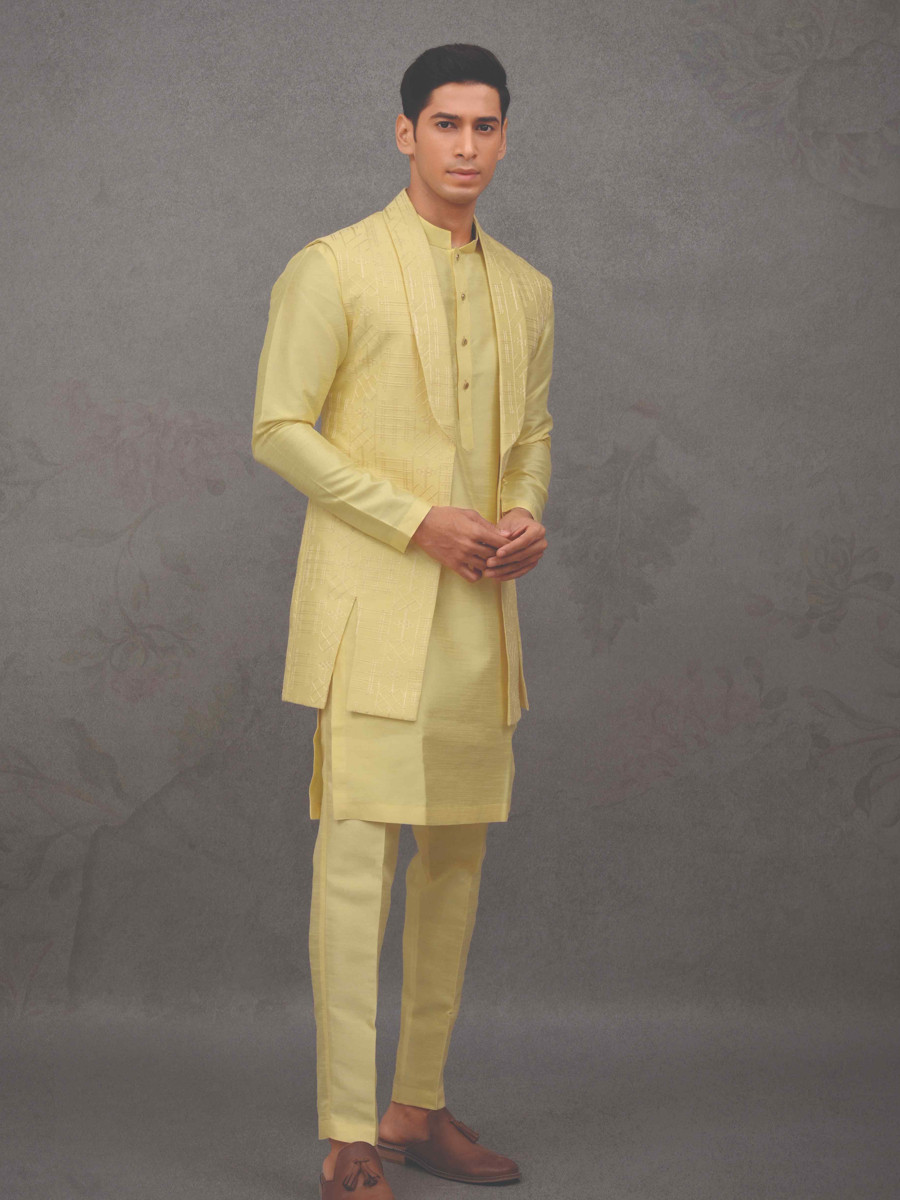 Yellow Silk Woven Groom Wedding Kurta