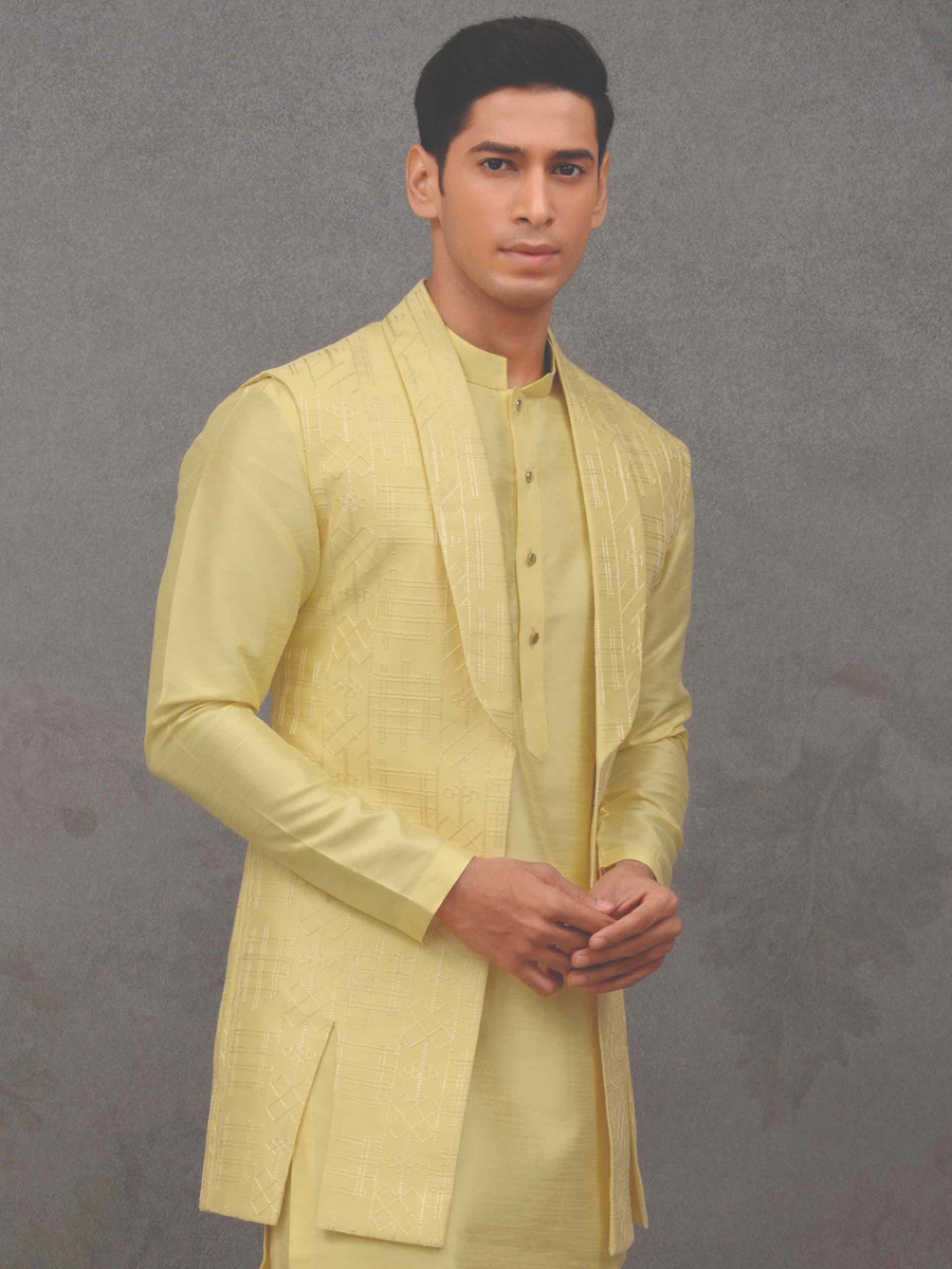 Yellow Silk Woven Groom Wedding Kurta