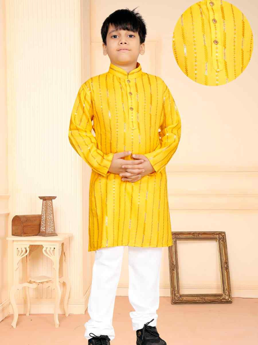 Yellow Soft Cotton Embroidered Wedding Casual Kurta Pyjama Boys Wear