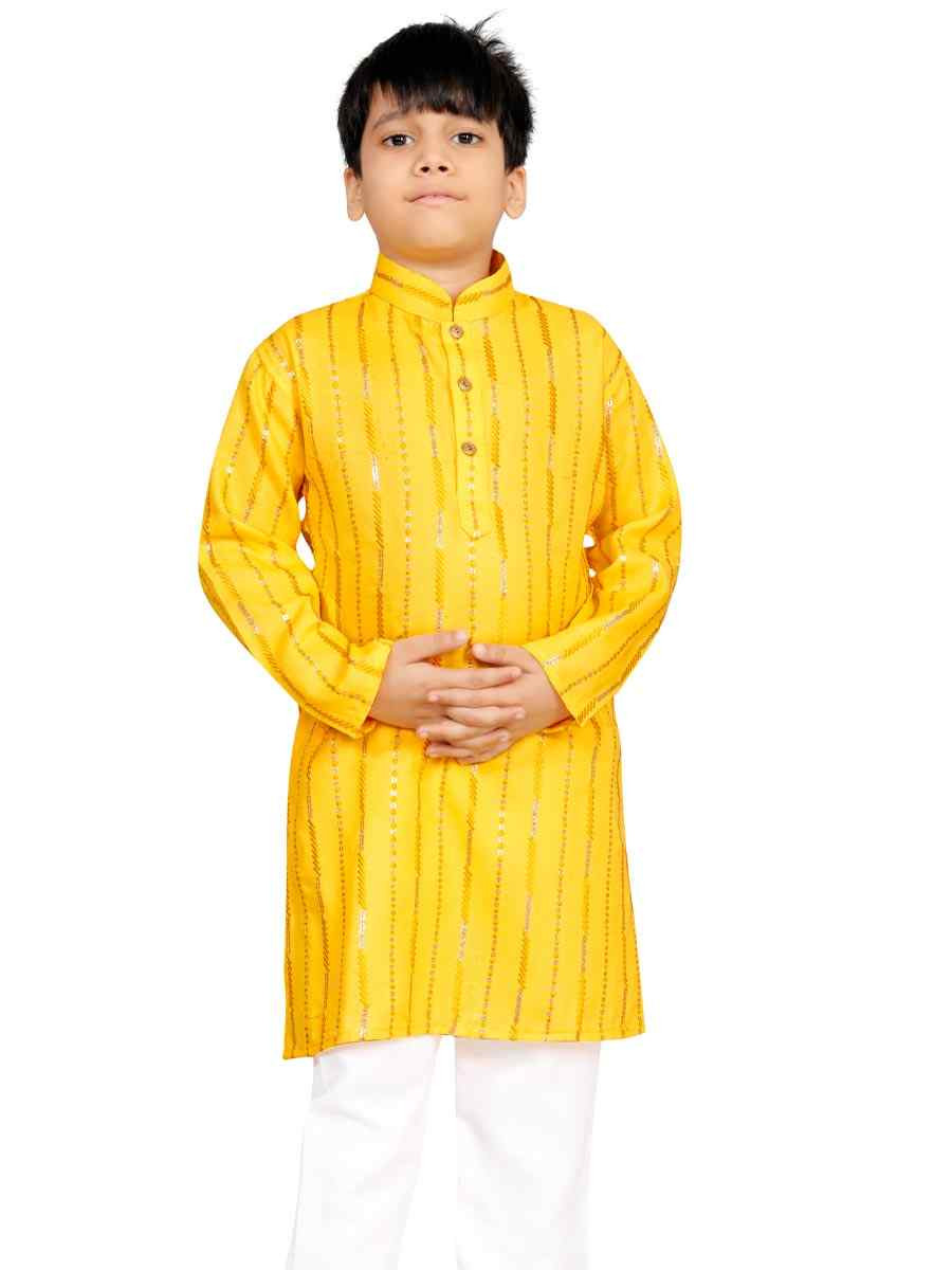 Yellow Soft Cotton Embroidered Wedding Casual Kurta Pyjama Boys Wear