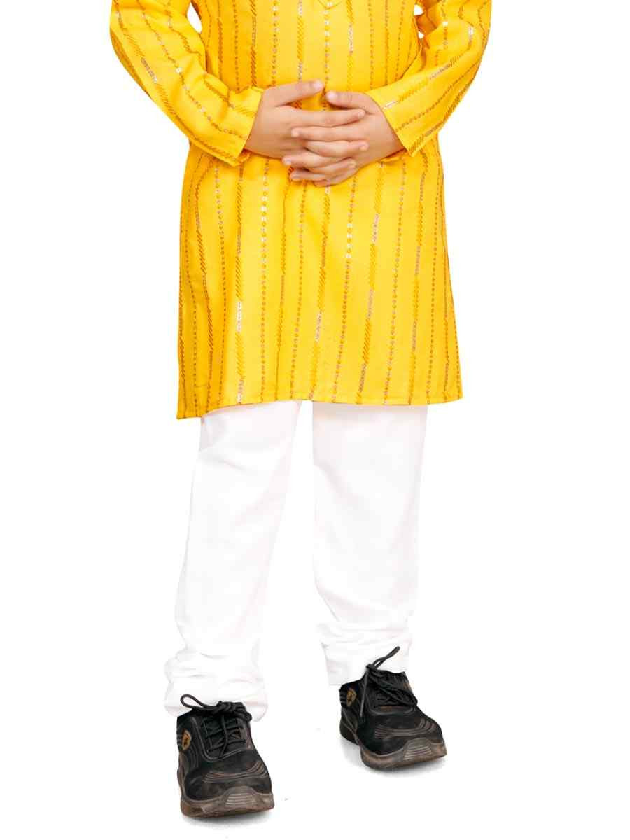 Yellow Soft Cotton Embroidered Wedding Casual Kurta Pyjama Boys Wear