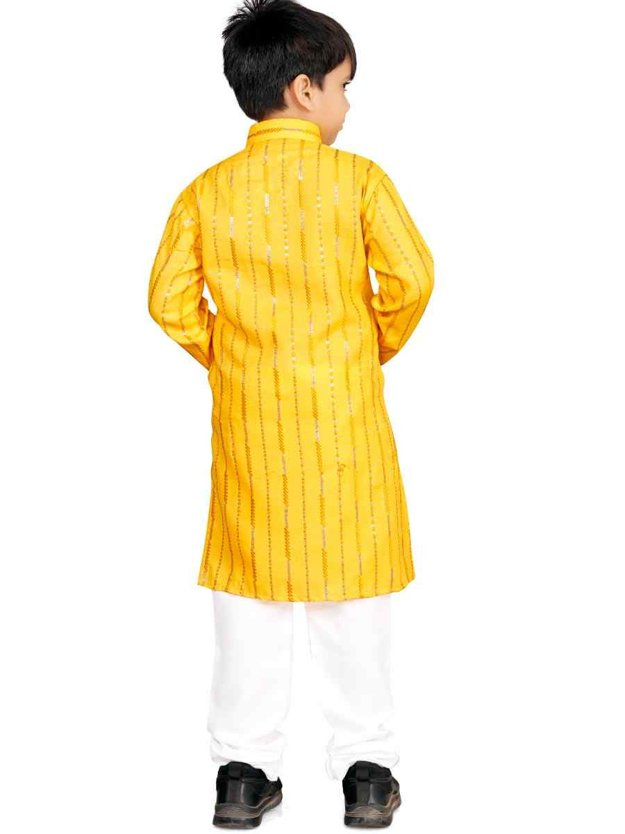 Yellow Soft Cotton Embroidered Wedding Casual Kurta Pyjama Boys Wear