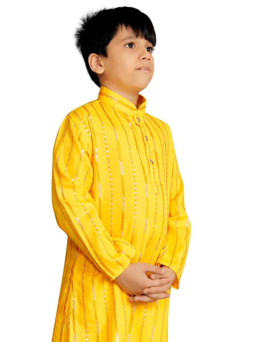 Yellow Soft Cotton Embroidered Wedding Casual Kurta Pyjama Boys Wear