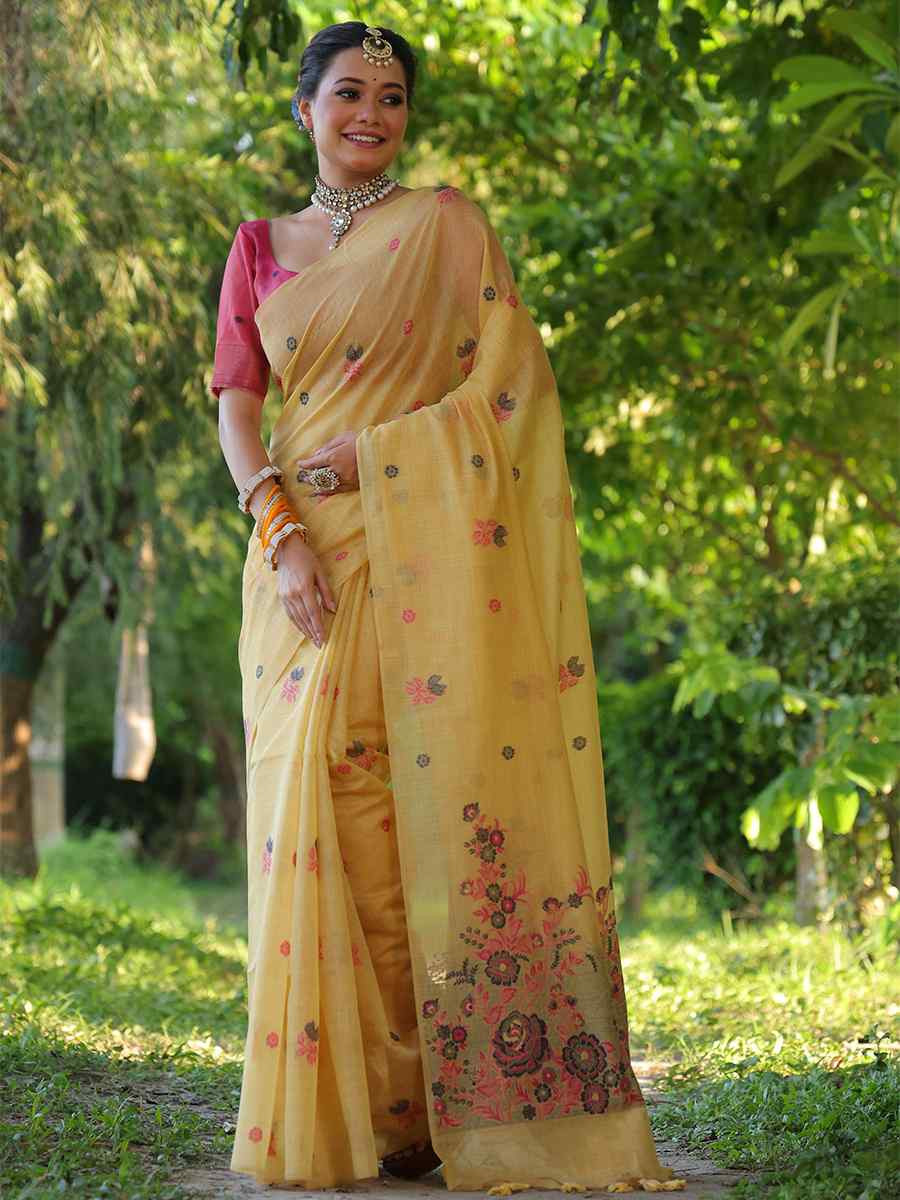 Yellow Soft muga Cotton Printed Festival Casual Contemporary Saree