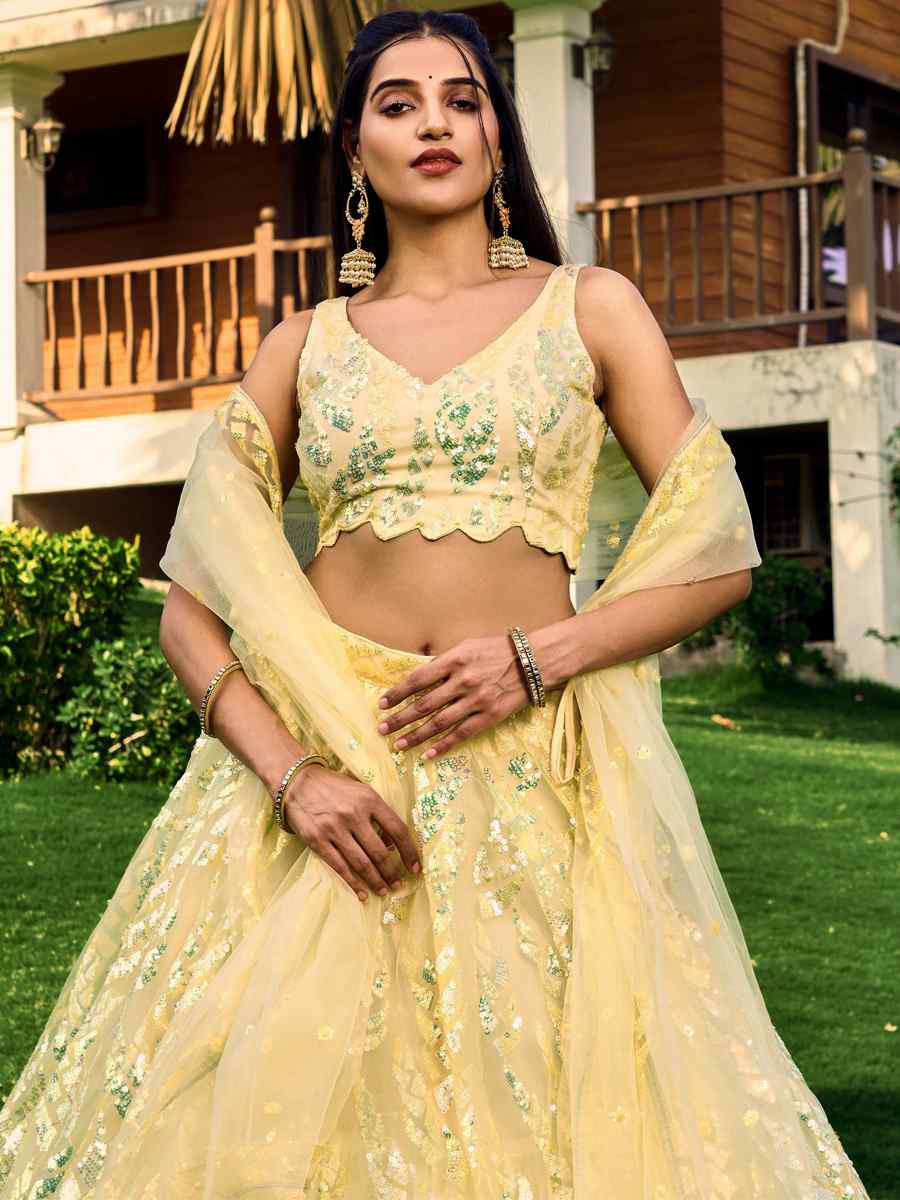 Yellow Soft Net Embroidered Bridesmaid Wedding Heavy Border Lehenga Choli