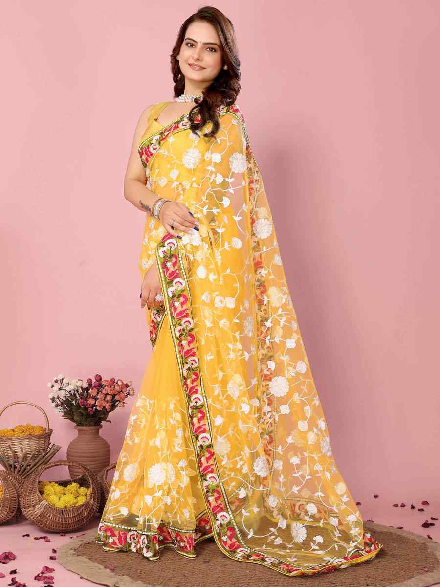 Yellow Soft Net Embroidered Wedding Festival Heavy Border Saree