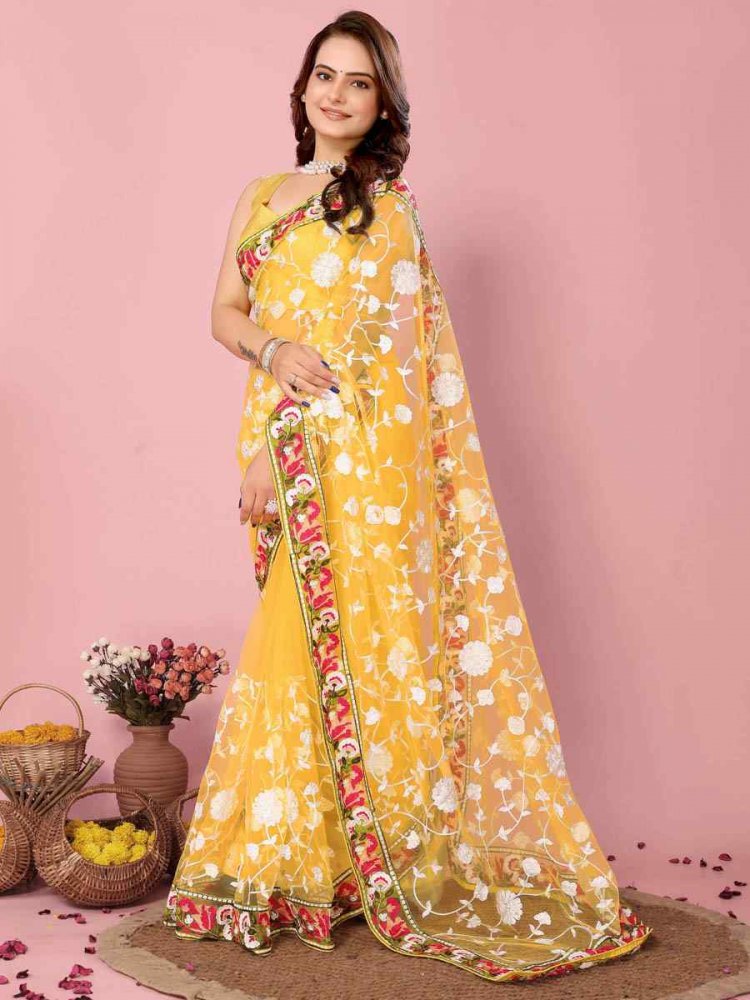 Yellow Soft Net Embroidered Wedding Festival Heavy Border Saree