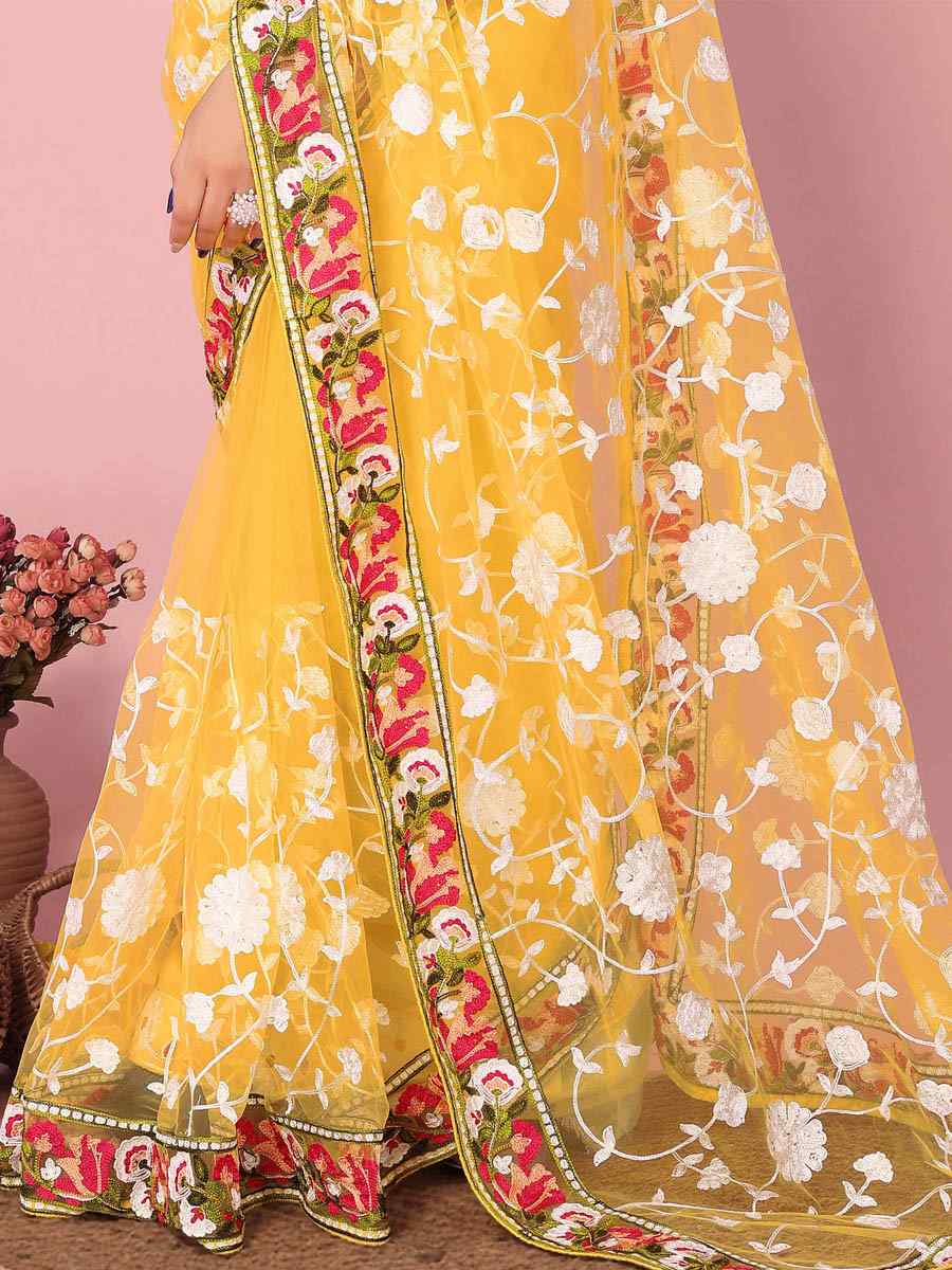 Yellow Soft Net Embroidered Wedding Festival Heavy Border Saree