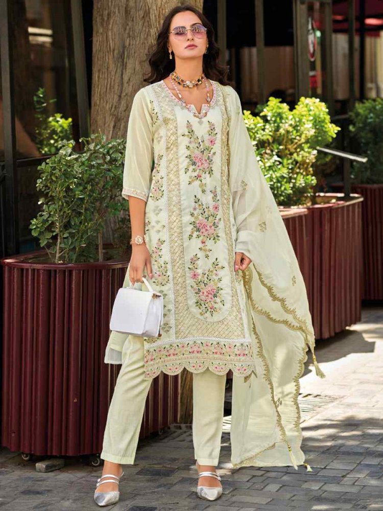 Yellow Soft Organza Embroidered Festival Casual Ready Pant Salwar Kameez