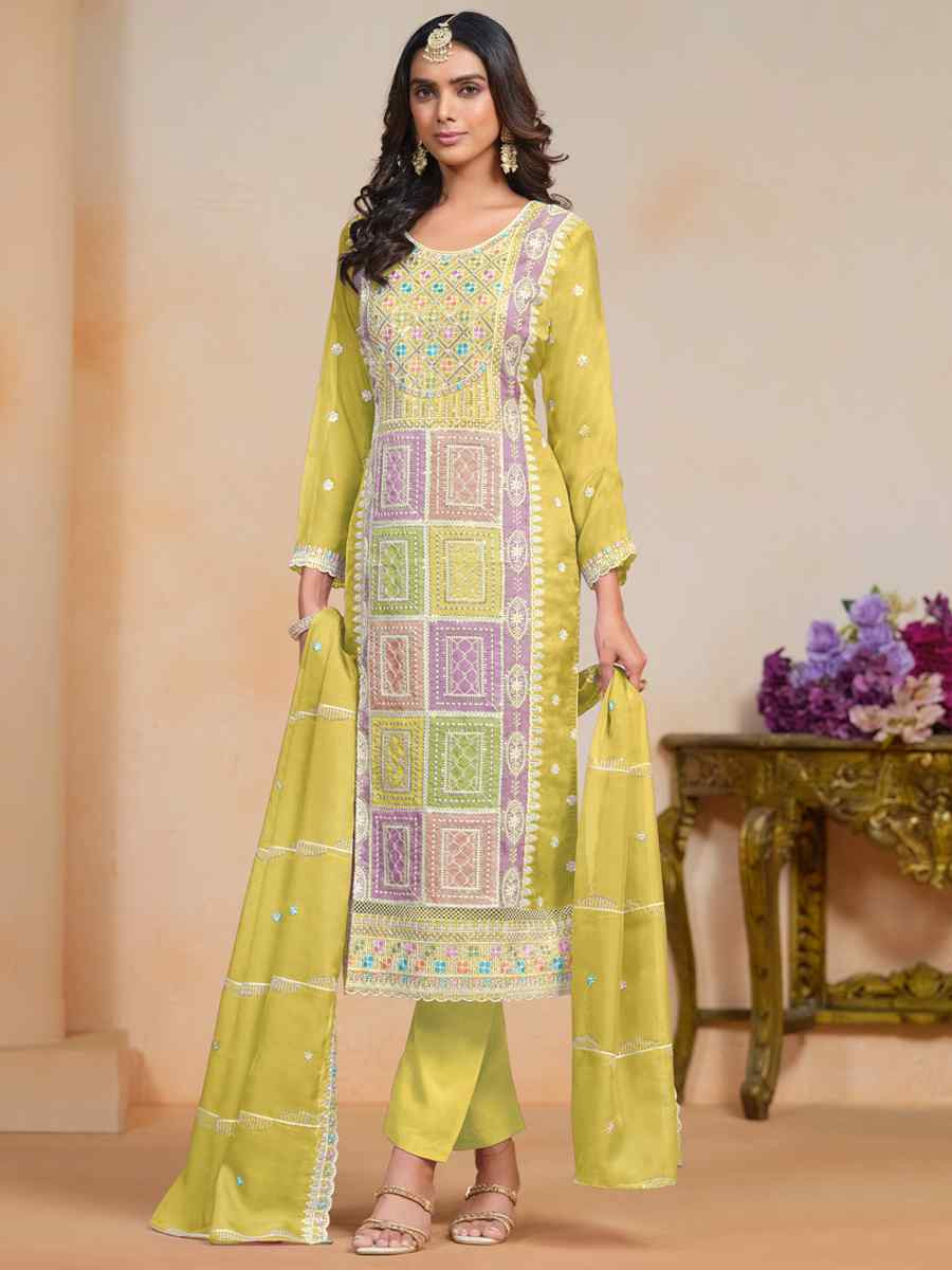 Yellow Soft Organza Embroidered Festival Wedding Pant Salwar Kameez