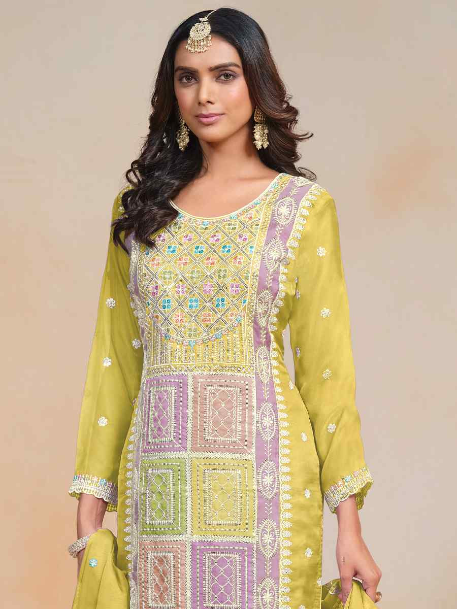 Yellow Soft Organza Embroidered Festival Wedding Pant Salwar Kameez