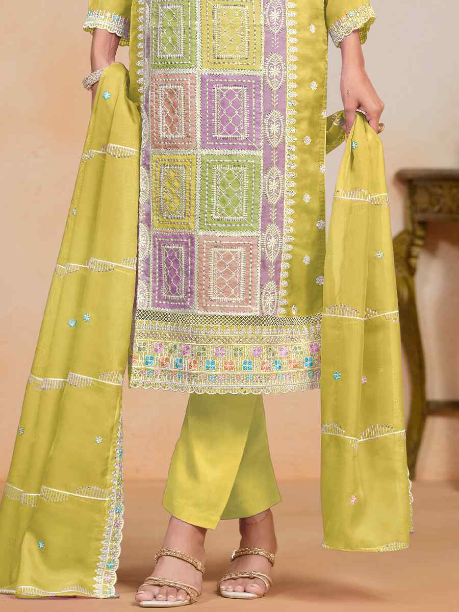 Yellow Soft Organza Embroidered Festival Wedding Pant Salwar Kameez