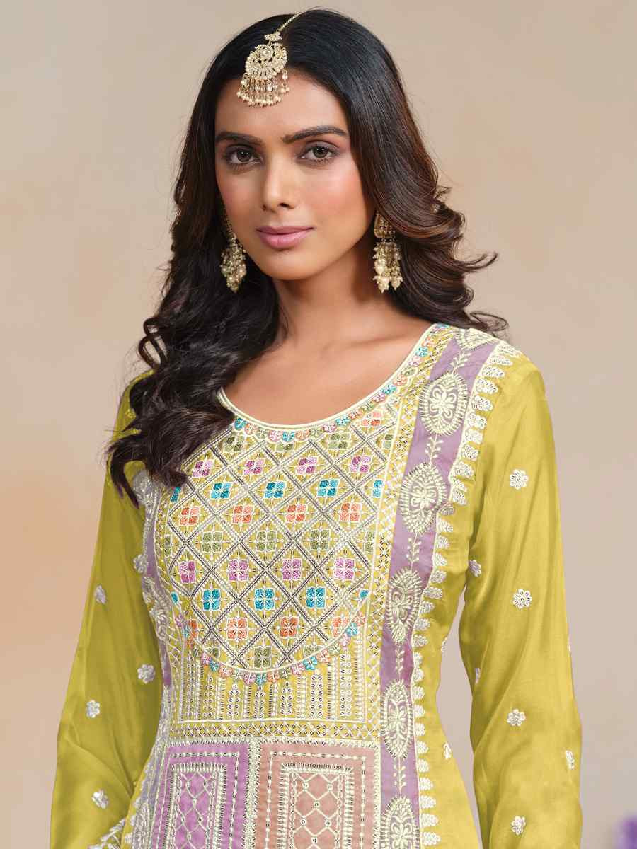 Yellow Soft Organza Embroidered Festival Wedding Pant Salwar Kameez