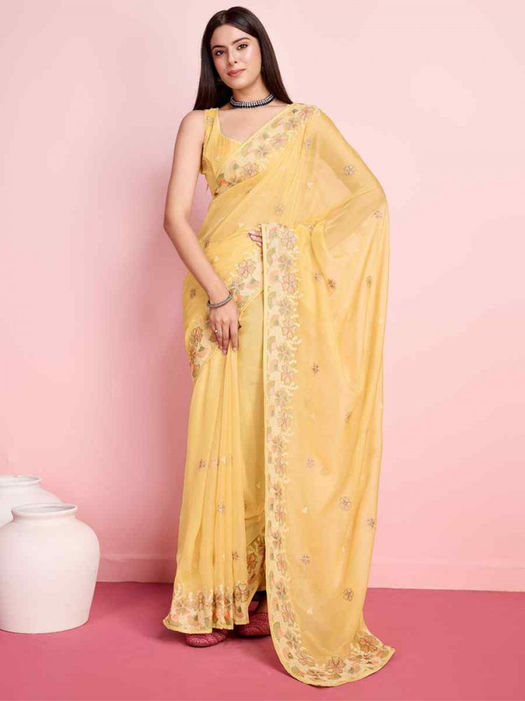 Yellow Soft Organza Embroidered Party Festival Heavy Border Saree