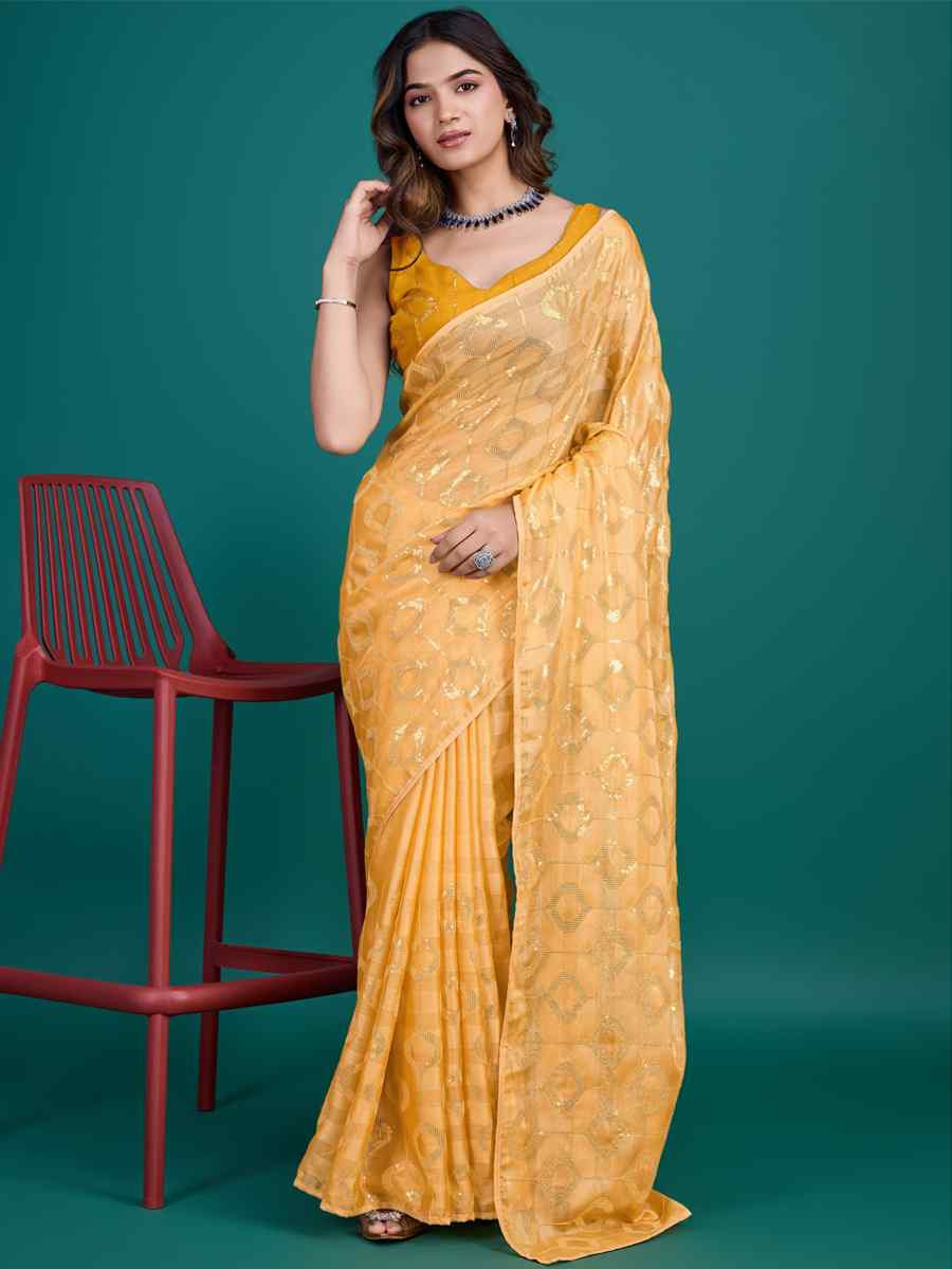 Yellow Soft Pure Rolex Embroidered Festival Party Classic Style Saree