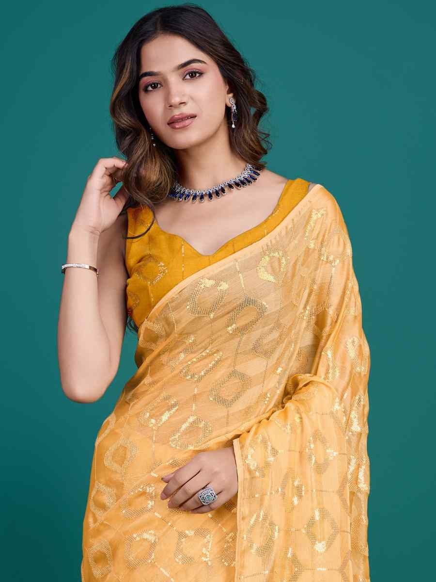 Yellow Soft Pure Rolex Embroidered Festival Party Classic Style Saree