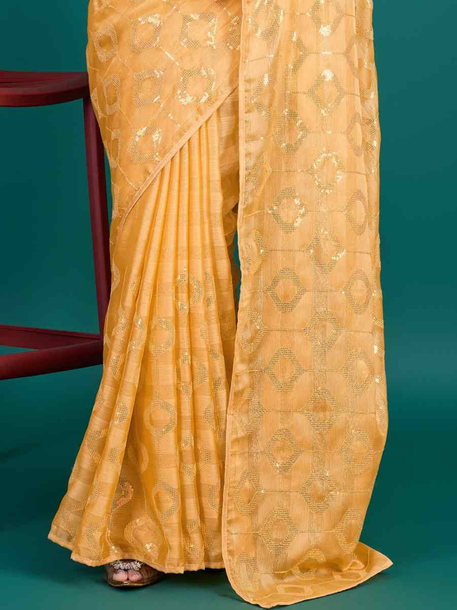 Yellow Soft Pure Rolex Embroidered Festival Party Classic Style Saree