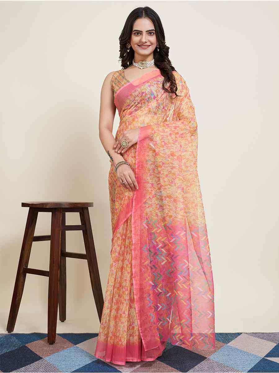 Yellow Super Net Printed Festival Casual Contemporary Saree