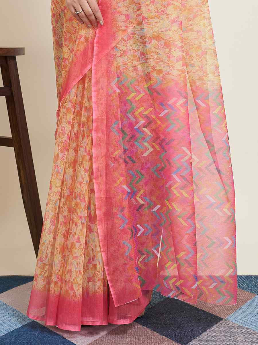 Yellow Super Net Printed Festival Casual Contemporary Saree