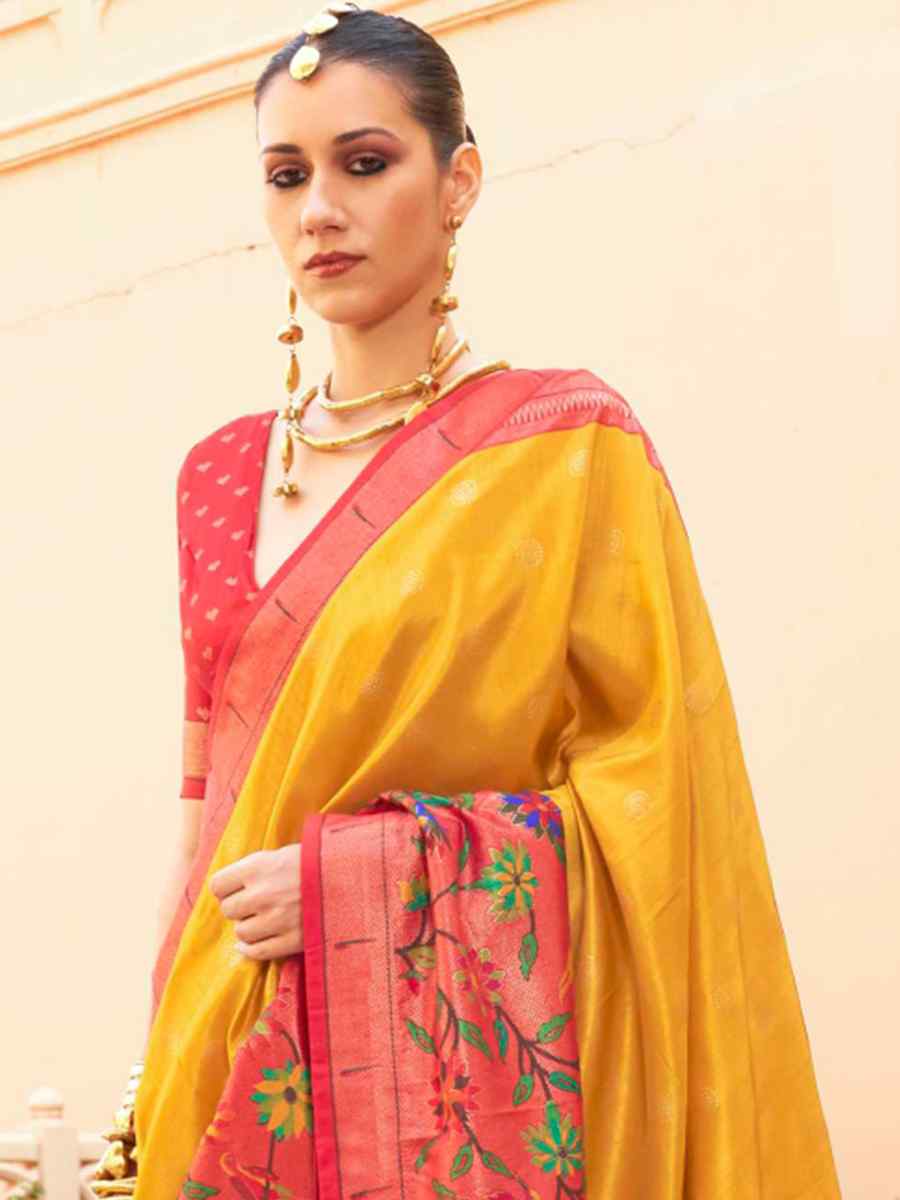 Yellow Super Paithani Silk Handwoven Wedding Festival Heavy Border Saree