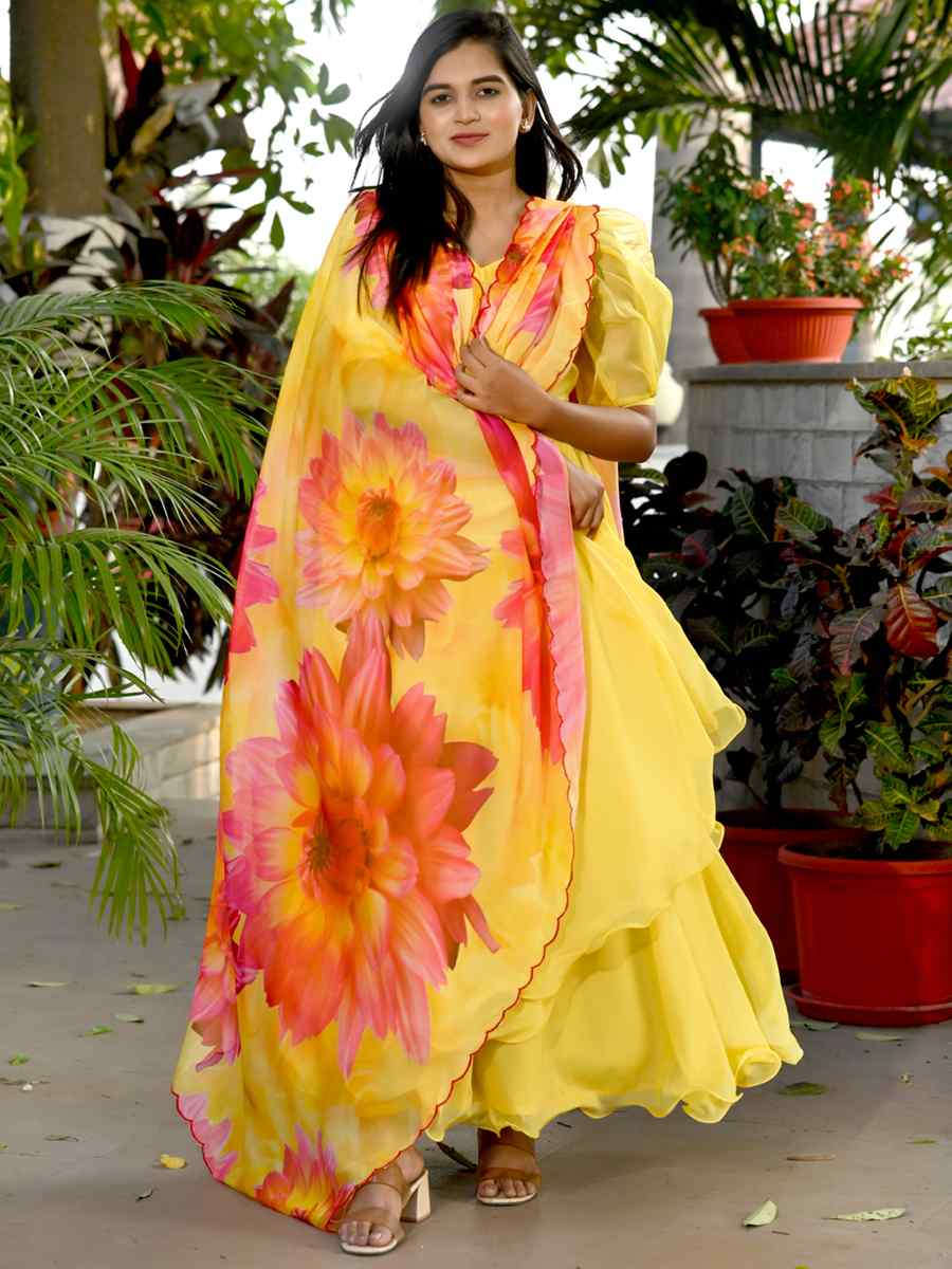 Yellow Tebby Silk Printed Festival Casual Ready Anarkali Salwar Kameez