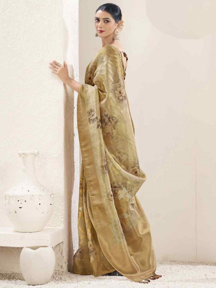 Yellow Tissue Organza Silk Handwoven Festival Wedding Heavy Border Saree