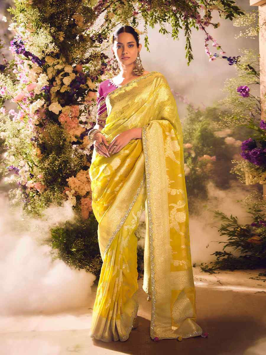 Yellow Tissue Silk Embroidered Festival Wedding Heavy Border Saree