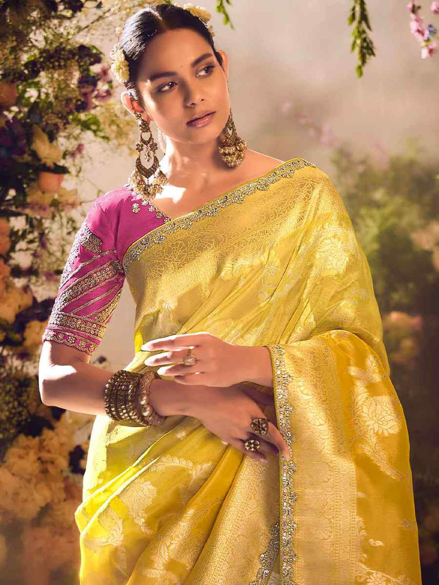 Yellow Tissue Silk Embroidered Festival Wedding Heavy Border Saree