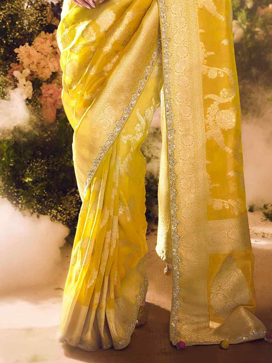 Yellow Tissue Silk Embroidered Festival Wedding Heavy Border Saree