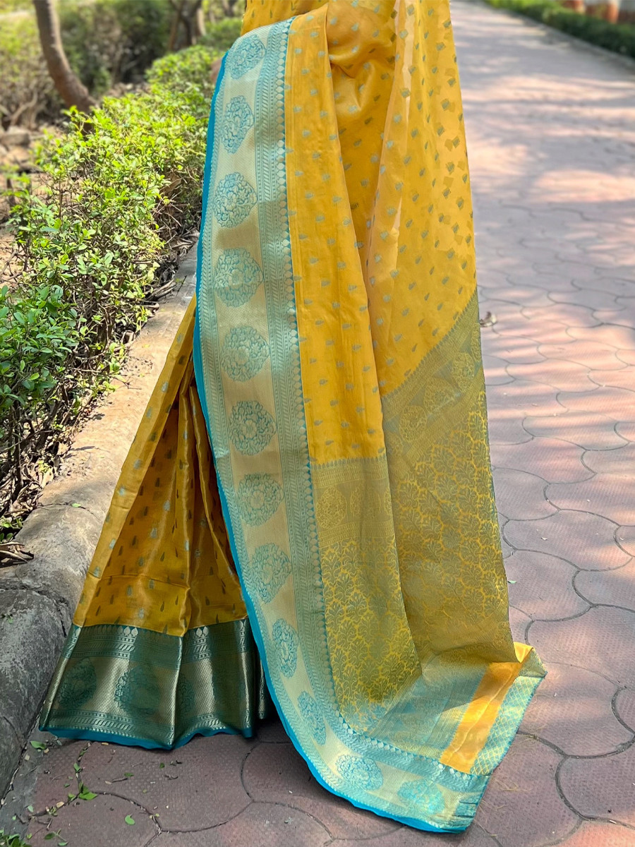 Yellow Tissue Silk Handwoven Festival Wedding Heavy Border Saree