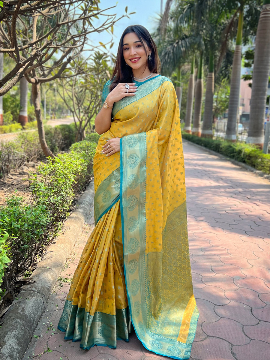 Yellow Tissue Silk Handwoven Festival Wedding Heavy Border Saree