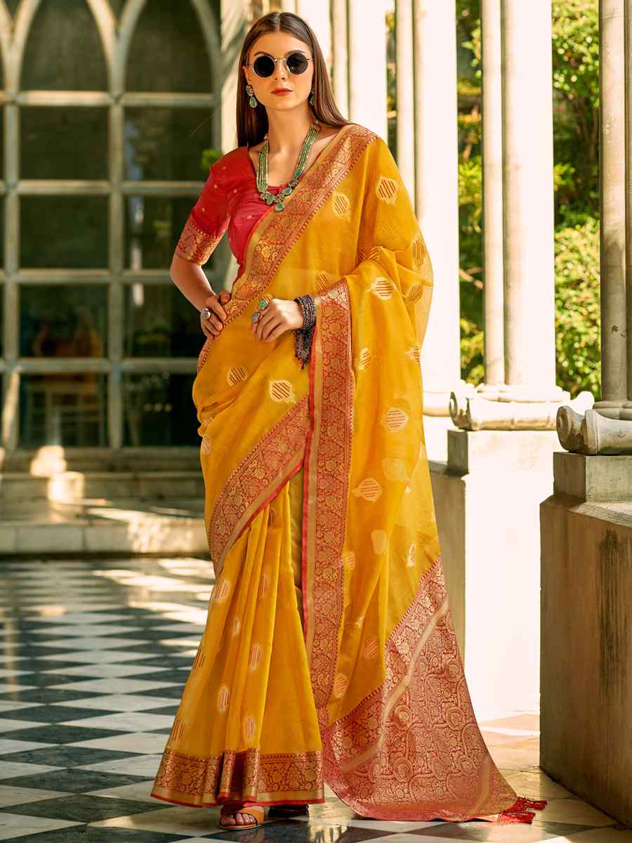 Yellow Tissue Silk Handwoven Wedding Festival Heavy Border Saree