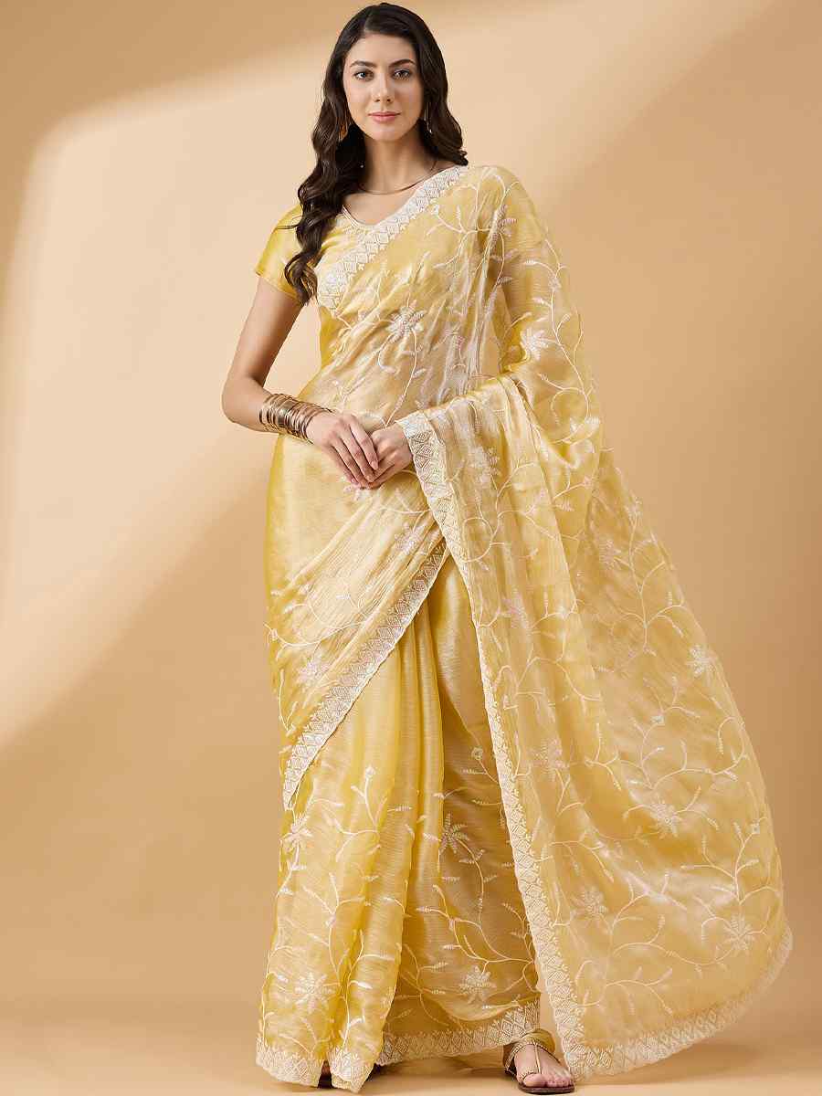 Yellow Tissue Slub Handwoven Wedding Festival Heavy Border Saree