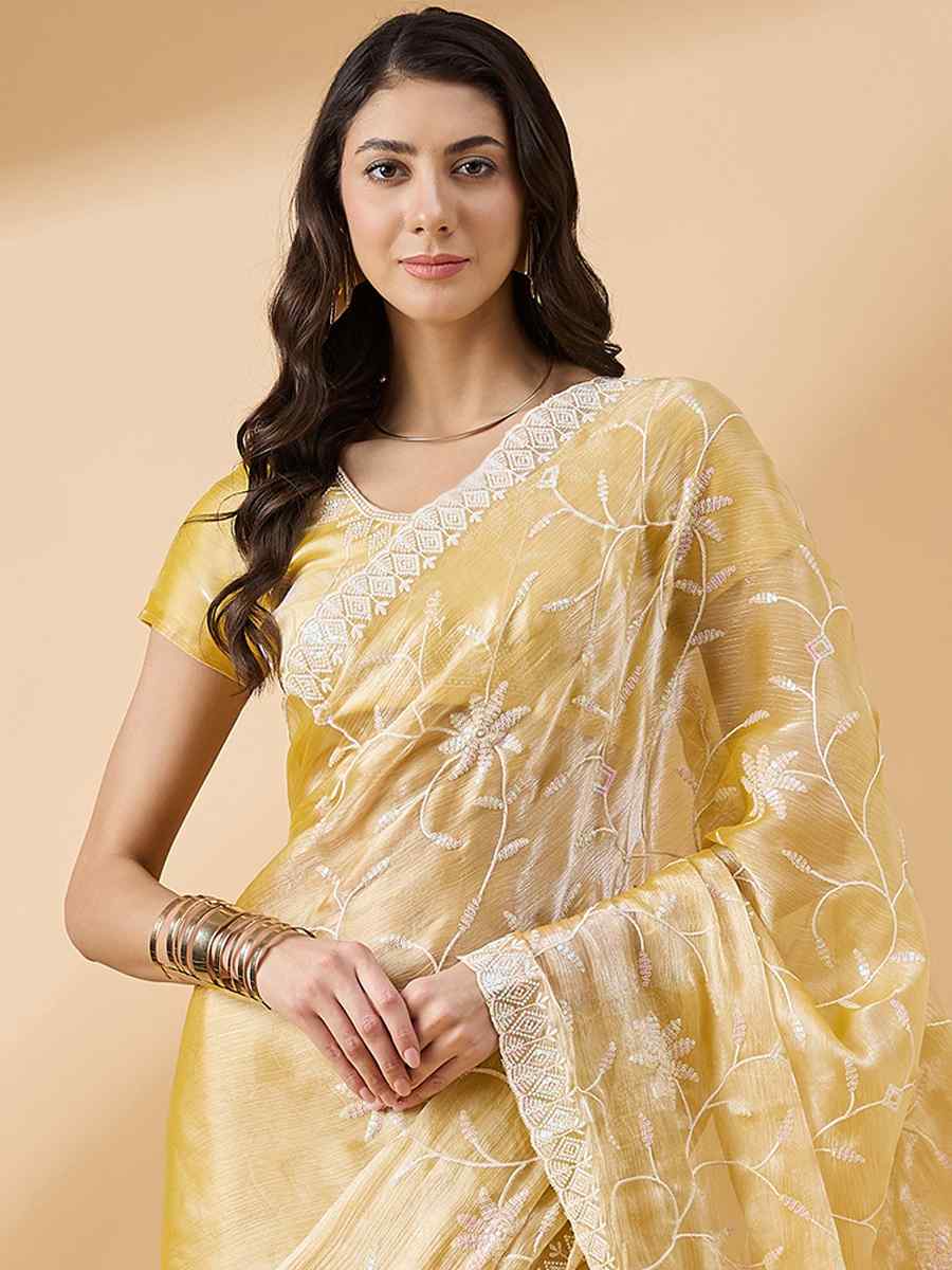 Yellow Tissue Slub Handwoven Wedding Festival Heavy Border Saree