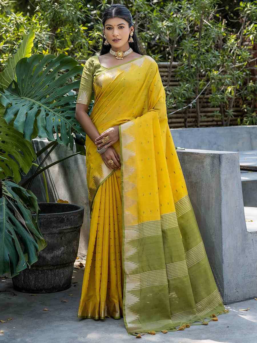 Yellow Tussar Silk Handwoven Festival Casual Classic Style Saree