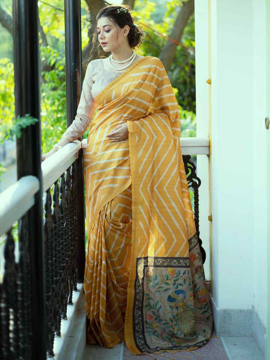 Yellow Tussar Silk Printed Casual Festival Contemporary Saree