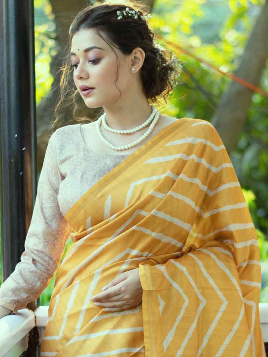 Yellow Tussar Silk Printed Casual Festival Contemporary Saree