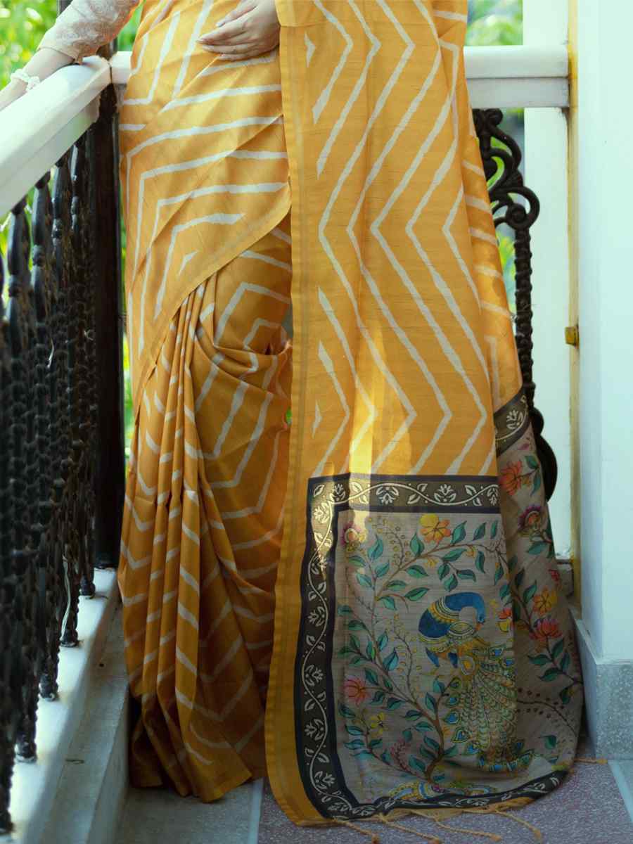 Yellow Tussar Silk Printed Casual Festival Contemporary Saree